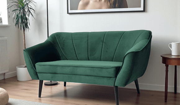 Zielona welurowa sofa dwuosobowa w jasnym salonie