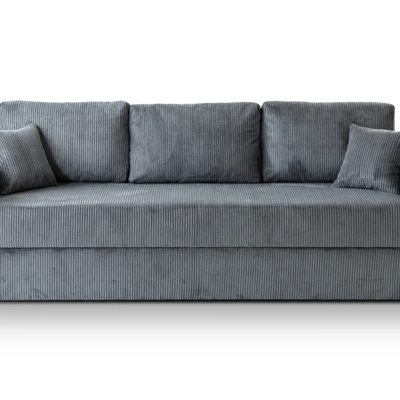 Jasna sztruksowa sofa Abi 4 z funkcją spania i pojemnikiem na pościel.