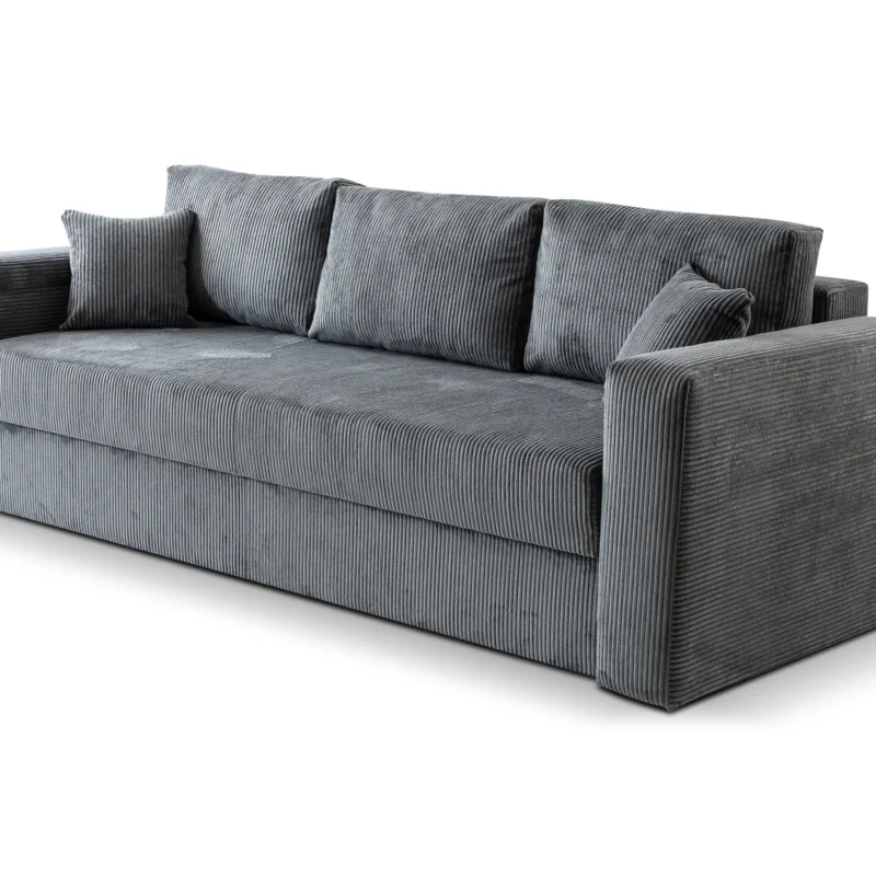Jasna sztruksowa sofa Abi 4 z funkcją spania i pojemnikiem na pościel.