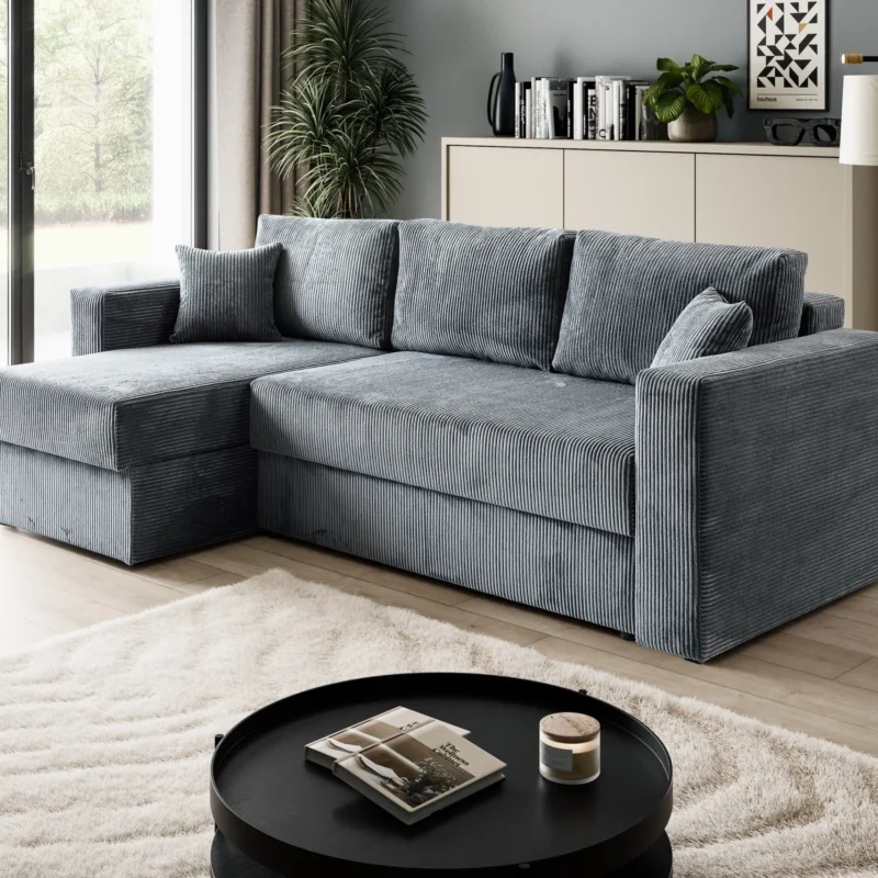 Jasny narożnik sztruksowy Abi 1 w kształcie litery L z funkcją spania i pojemnikiem.