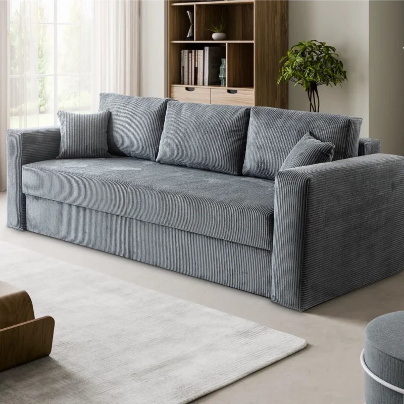 Jasna sztruksowa sofa Abi 4 z funkcją spania i pojemnikiem na pościel.