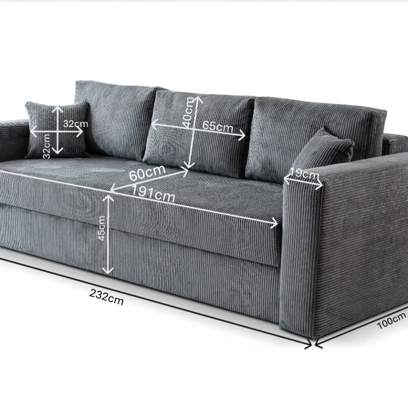 Jasna sztruksowa sofa Abi 4 z funkcją spania i pojemnikiem na pościel.