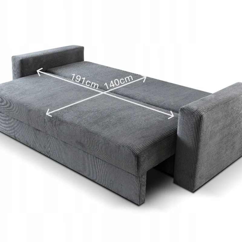 Jasna rozłożona sztruksowa sofa Abi 4 z funkcją spania i pojemnikiem na pościel.