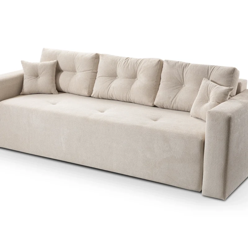 Beżowa pikowana kanapa Abi 3 z funkcją spania i pojemnikiem na pościel.