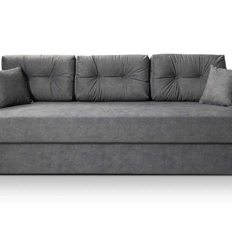 Nowoczesna szara kanapa Abi 1 z funkcją spania i pojemnikiem na pościel.