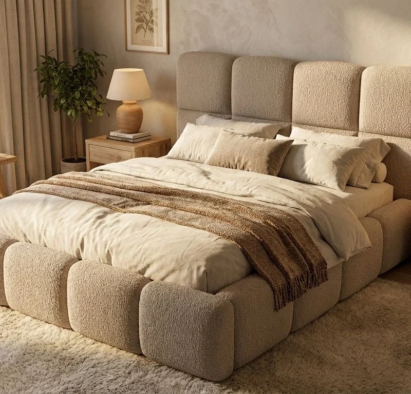 Nowoczesne łóżko sypialniane Abi 2 z wysokim wezgłowiem w pionowe pasy i pojemnikiem na pościel.