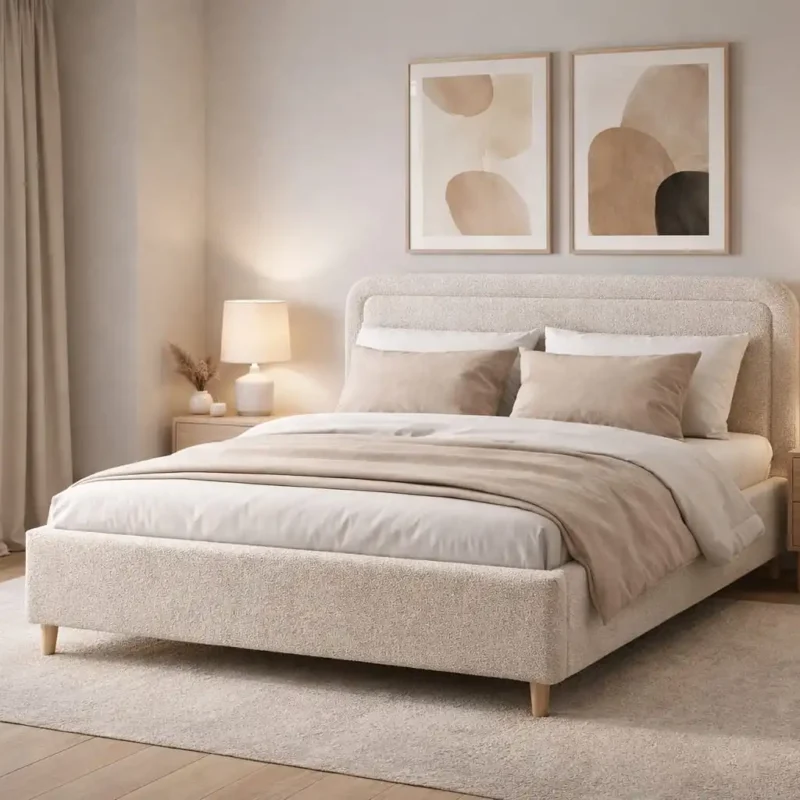 Beżowe łóżko tapicerowane Abi 1 z przeszyciami na wezgłowiu i pojemnikiem na pościel.