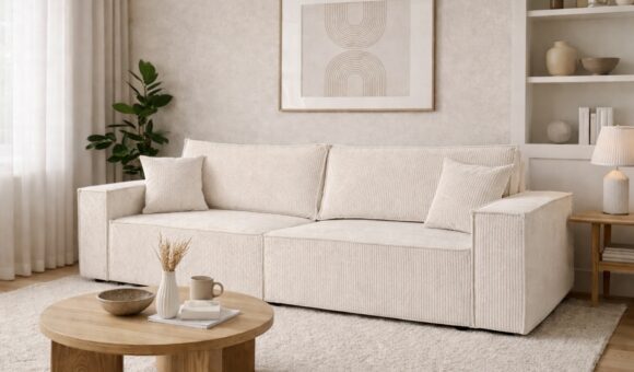 Kremowa sofa sztruksowa w jasnym salonie w stylu skandynawskim z drewnianym stolikiem