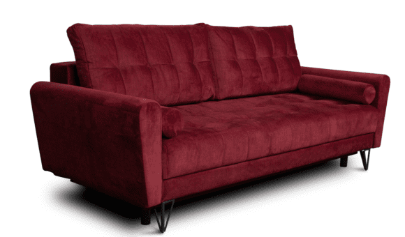 Bordowa sofa na metalowych nogach