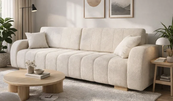 Kremowa sofa sztruksowa w jasnym salonie z okrągłym stolikiem kawowym