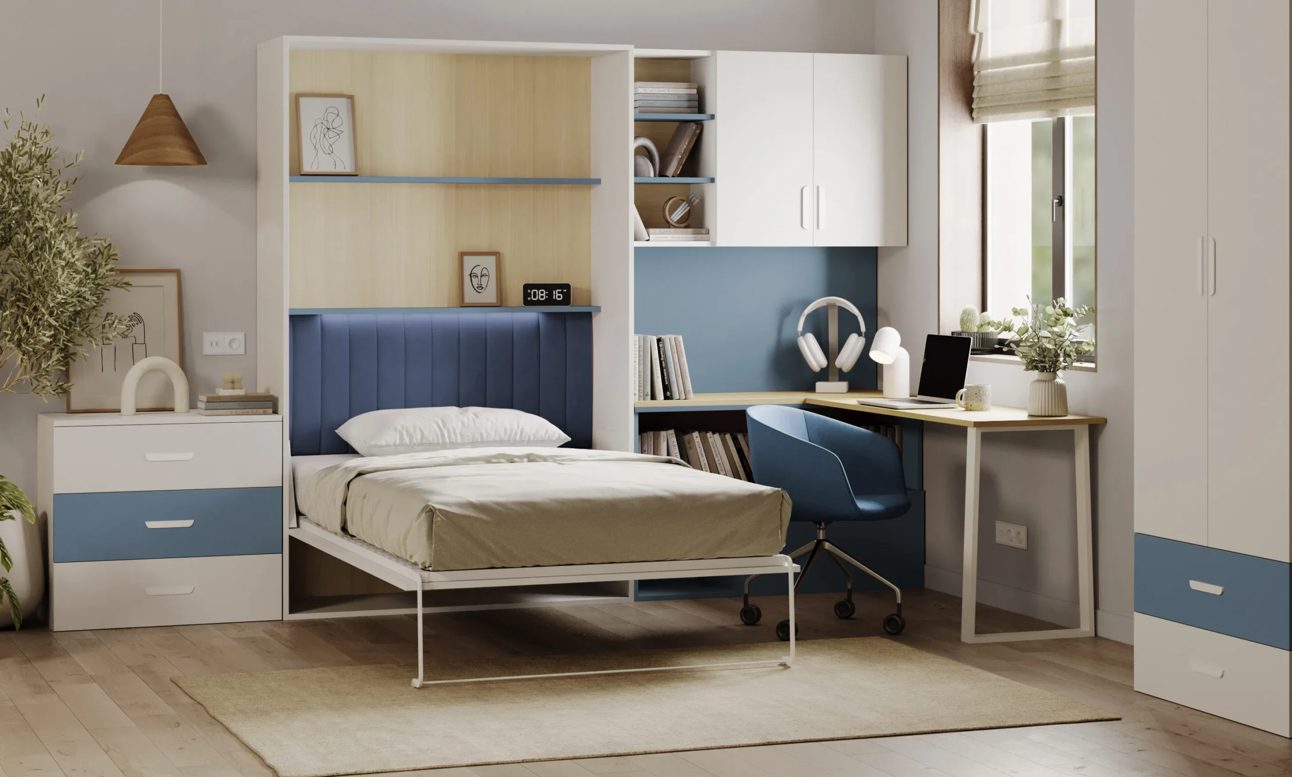Półkotapczan + regał z biurkiem FLEXI BED LUMIO – KASZMIR / NIEBIESKI MGLISTY