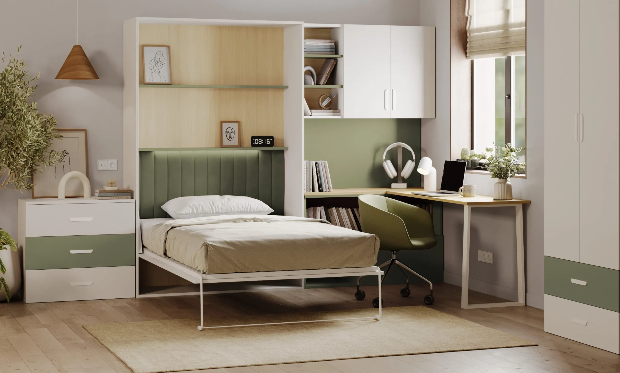 Półkotapczan + regał z biurkiem FLEXI BED LUMIO – KASZMIR / ZIELONY OLIWKA