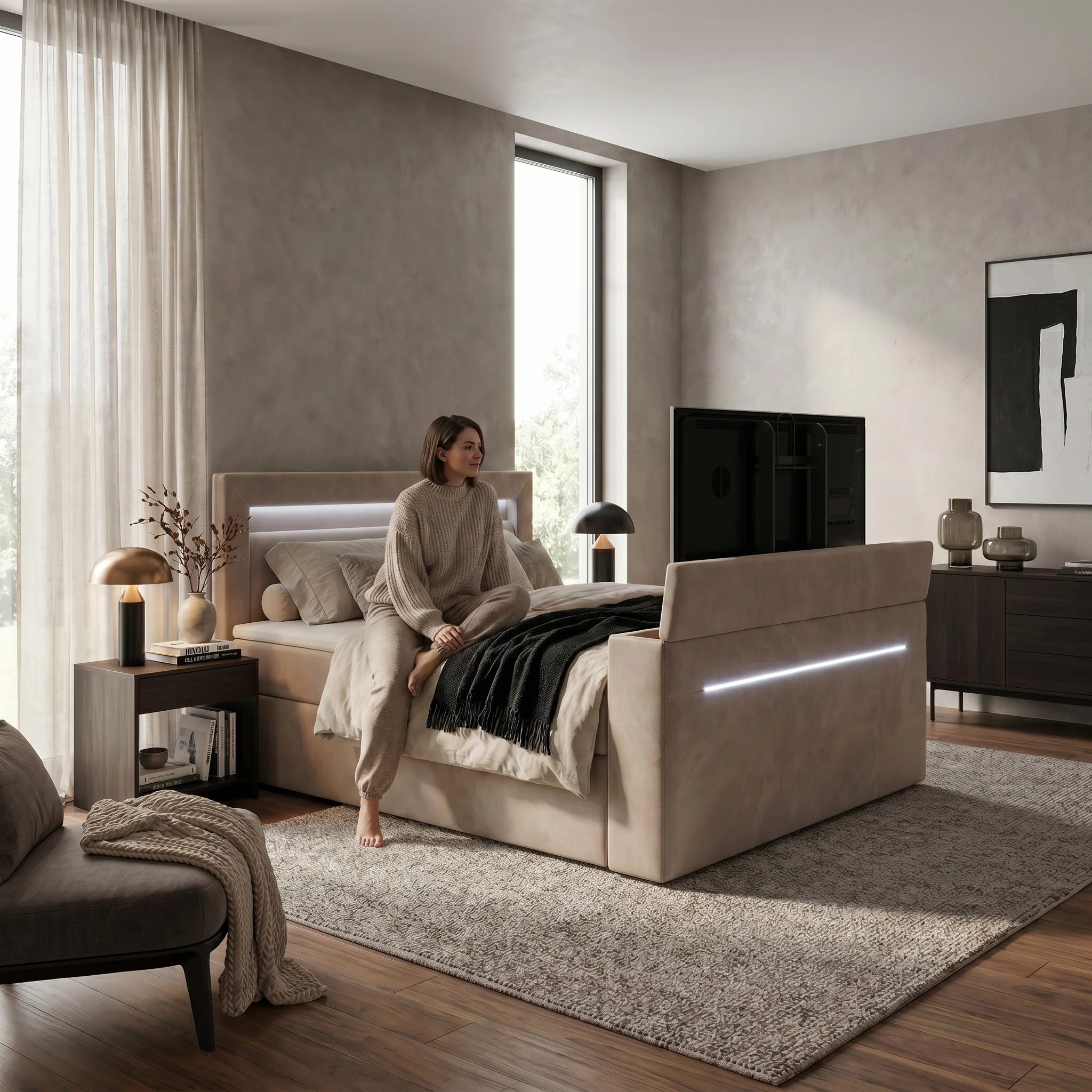 Łóżko kontynentalne AURA TV z automatycznym stelażem, topperem, pojemnikiem i LED - obrazek 5